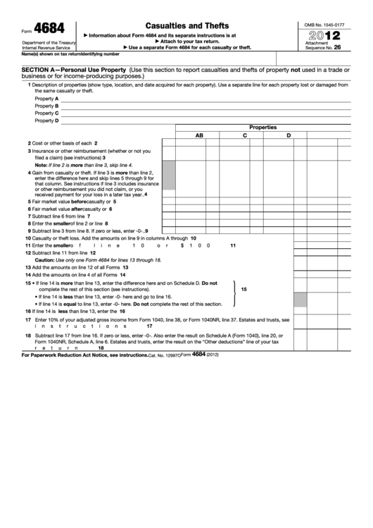 Fillable Form 4684 - Casualties And Thefts - 2012 Printable pdf