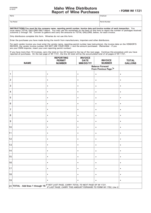 Fillable Form Wi 1721 - Idaho Wine Distributors Report Of Wine Purchases Printable pdf