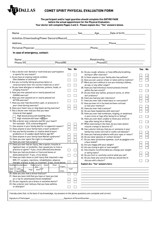 Comet Spirit Physical Evaluation Form Printable pdf