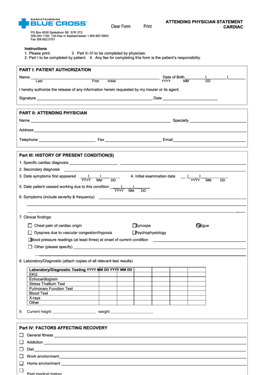 Fillable Form Msi 379 - Bcbs Physician Statement - Cardiac Printable pdf