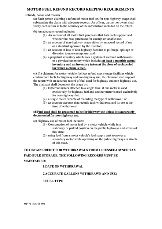Motor Fuel Refund Record Keeping Requirements Instructions Printable pdf
