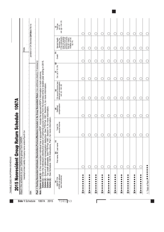 Schedule 1067a - California Nonresident Group Return Schedule - 2015 Printable pdf