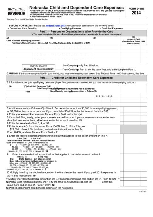 Fillable Form 2441n - Nebraska Child And Dependent Care Expenses - 2014 Printable pdf