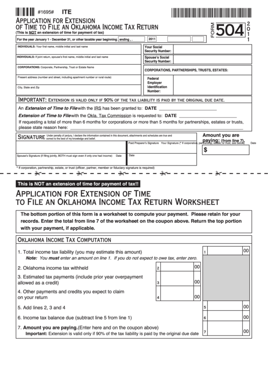 Fillable Form 504 - Application For Extension Of Time To File An Oklahoma Income Tax Return - 2011 Printable pdf