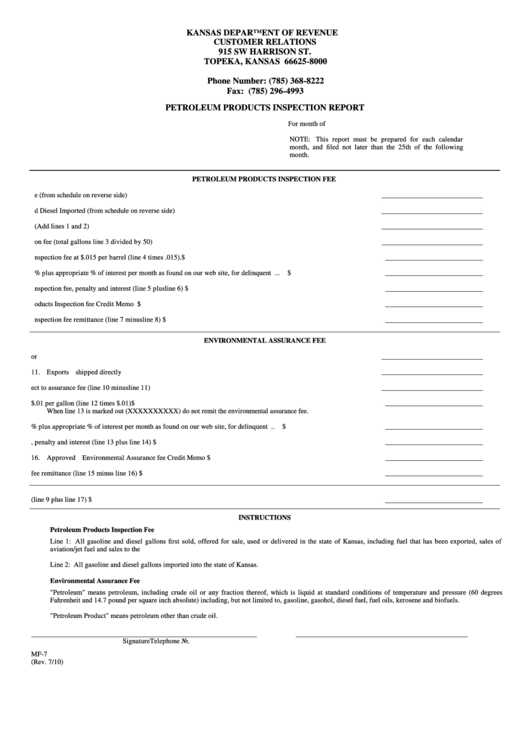 Fillable Form Mf-7 - Petroleum Products Inspection Report Printable pdf