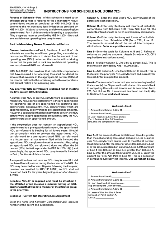 Form 41a720nol - Instructions For Schedule Nol (Form 720) Printable pdf
