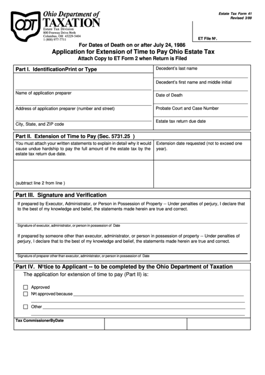 Estate Tax Form 41 - Application For Extension Of Time To Pay Ohio Estate Tax Printable pdf