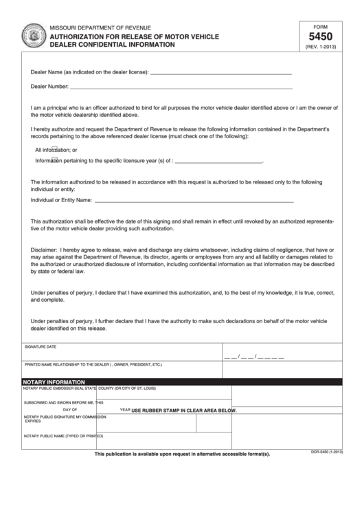 Fillable Form 5450 - Authorization For Release Of Motor Vehicle Dealer Confidential Information Printable pdf