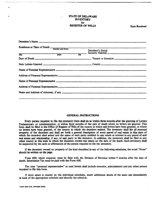 Form 600 R.w. Inventory For Register Of Wills printable pdf download