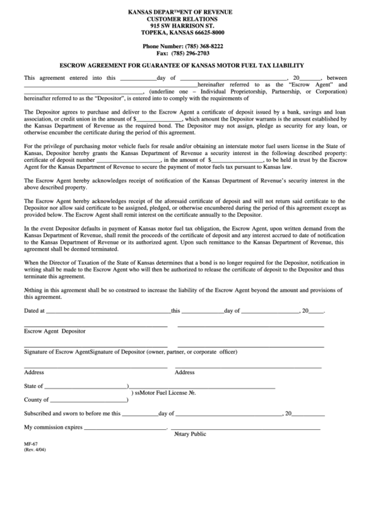 Form Mf-67 - Escrow Agreement For Guarantee Of Kansas Motor Fuel Tax Liability Printable pdf