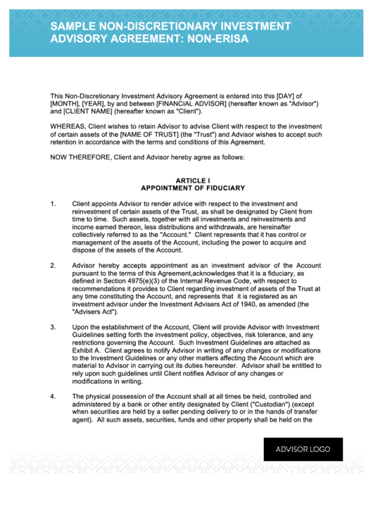 Sample Non-Discretionary Investment Advisory Agreement: Non-Erisa Printable pdf