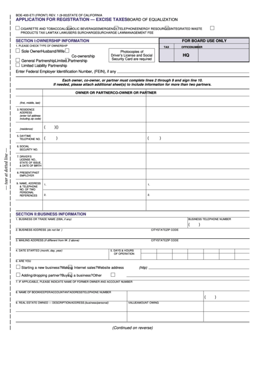 Fillable Form Boe-400-Eti - Application For Registration - Excise Taxes Printable pdf