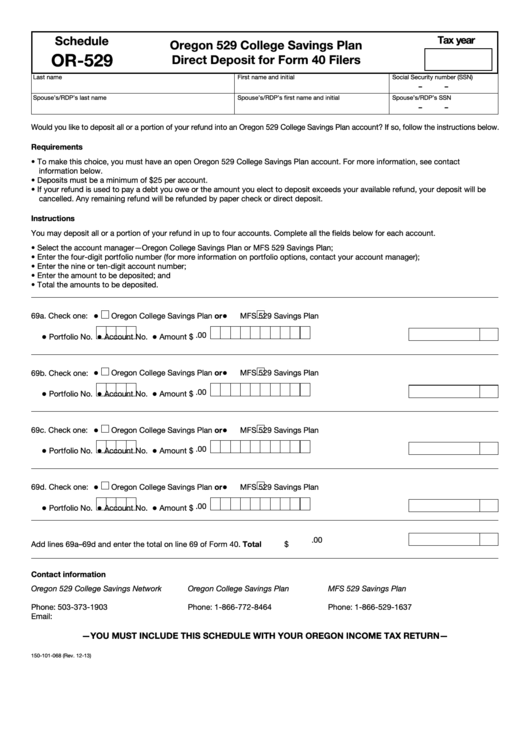 Fillable Schedule Or-529 - Oregon 529 College Savings Plan Direct Deposit For Form 40 Filers Printable pdf
