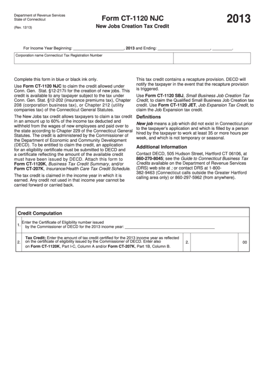 Form Ct-1120 Njc - New Jobs Creation Tax Credit - 2013 Printable pdf