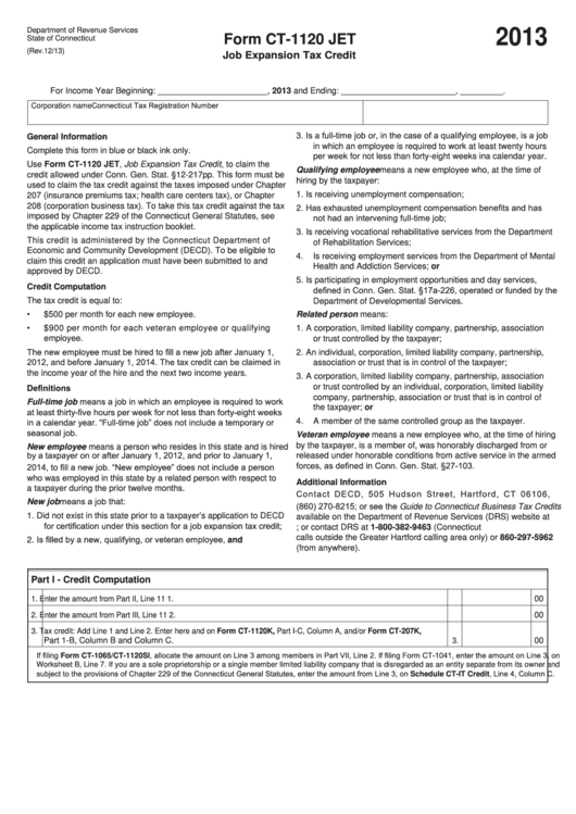 Form Ct-1120 Jet - Job Expansion Tax Credit - 2013 Printable pdf