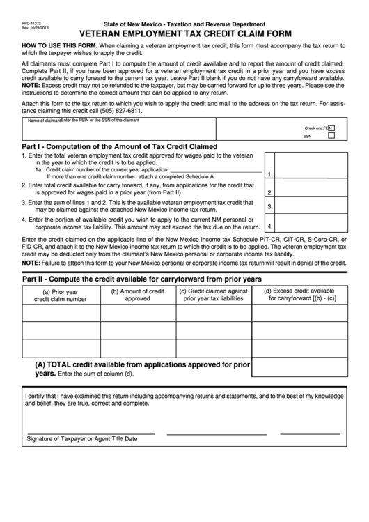 Form Rpd-41372 - Veteran Employment Tax Credit Claim Form Printable pdf