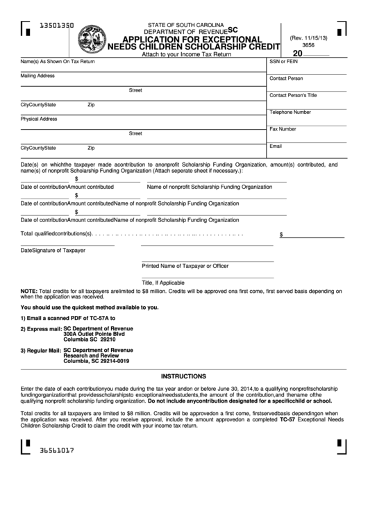 Sc Sch.tc-57a - Application For Exceptional Needs Children Scholarship Credit Printable pdf