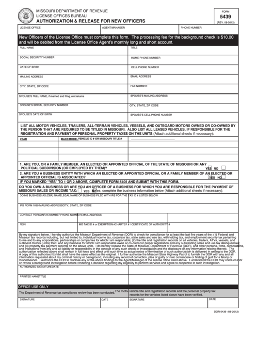 Fillable Form 5439 - Authorization And Release For New Officers Printable pdf