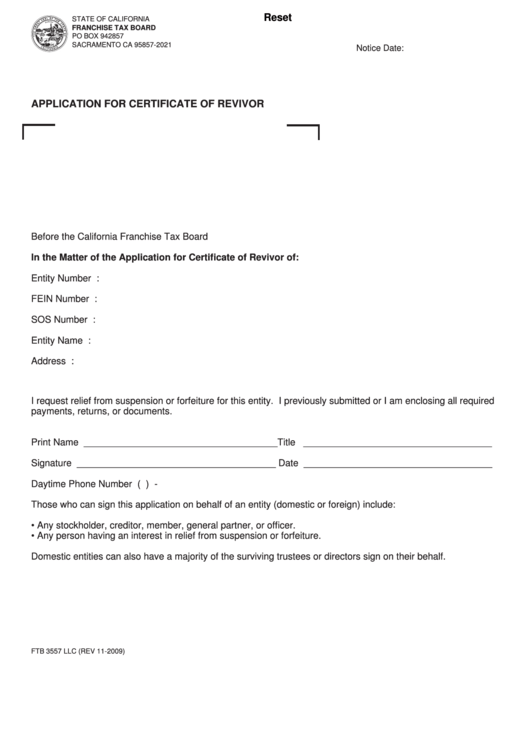 Fillable Form Ftb 3557 Llc - Application For Certificate Of Revivor Printable pdf