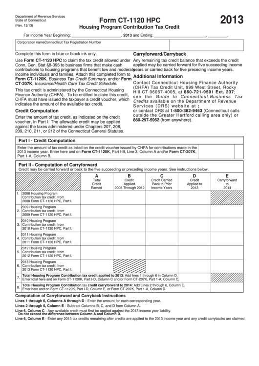 Form Ct-1120 Hpc - Housing Program Contribution Tax Credit - 2013 Printable pdf