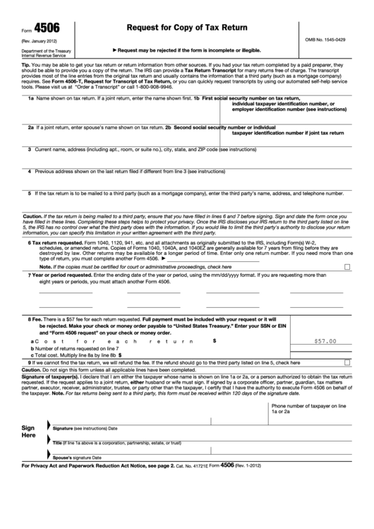 Fillable Form 4506 - Request For Copy Of Tax Return Printable pdf