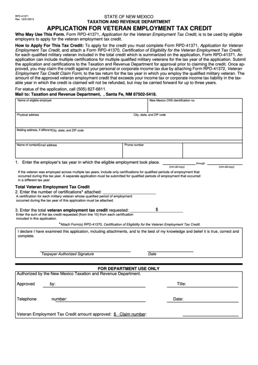 Form Rpd-41371 - Application For Veteran Employment Tax Credit Printable pdf