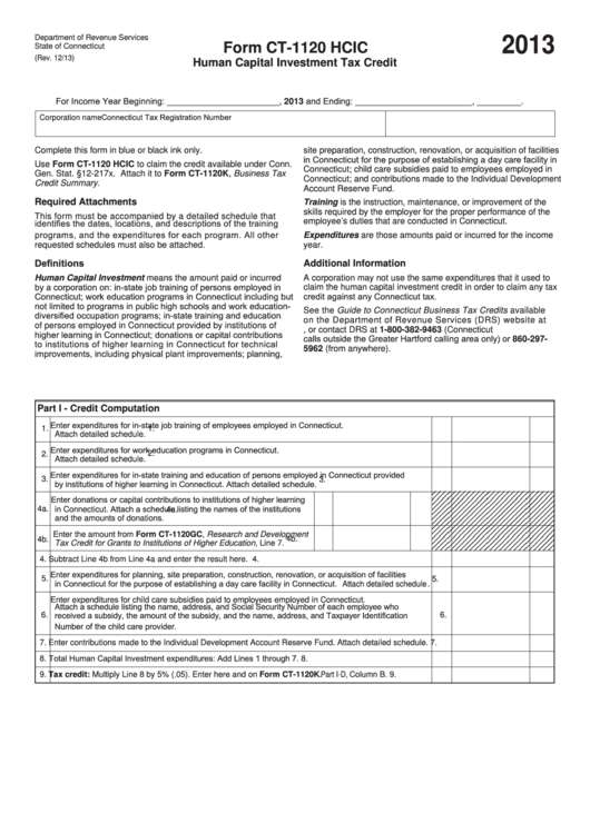Form Ct-1120 Hcic - Human Capital Investment Tax Credit - 2013 Printable pdf