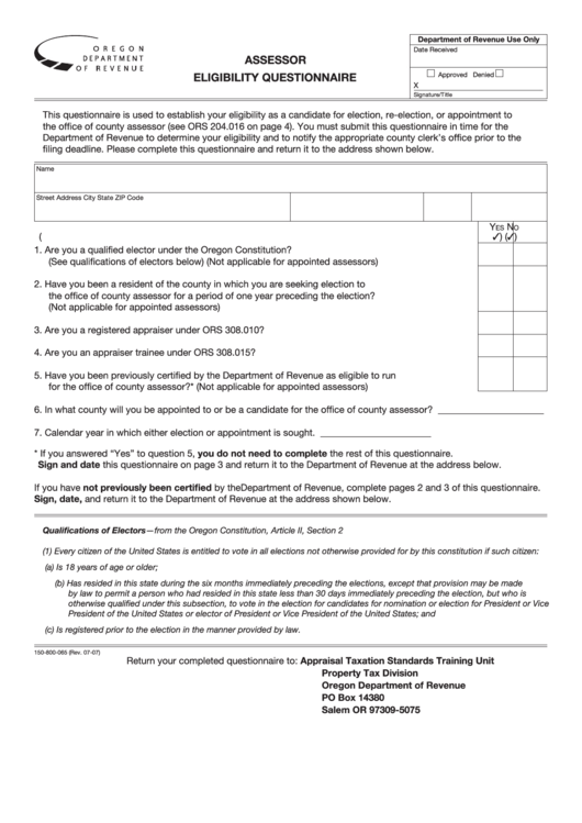 Fillable Assessor Eligibility Questionnaire Form Printable pdf