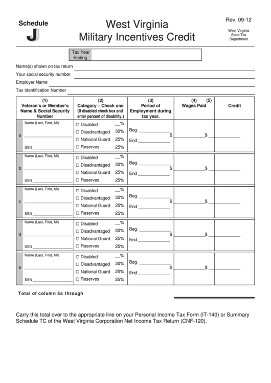 Schedule J - West Virginia Military Incentives Credit Printable pdf