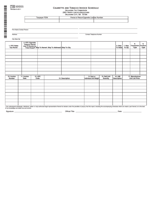 Fillable Form Tob 50005 - Cigarette And Tobacco Invoice Schedule Printable pdf