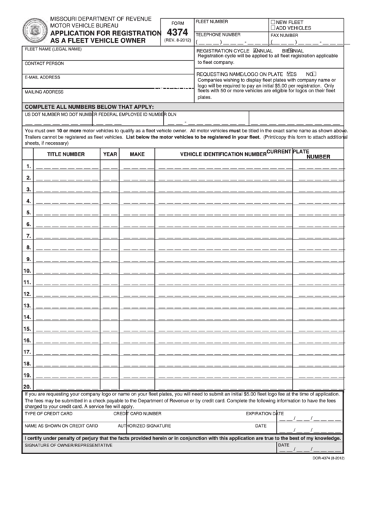 Fillable Form 4374 - Application For Registration As A Fleet Vehicle Owner Printable pdf