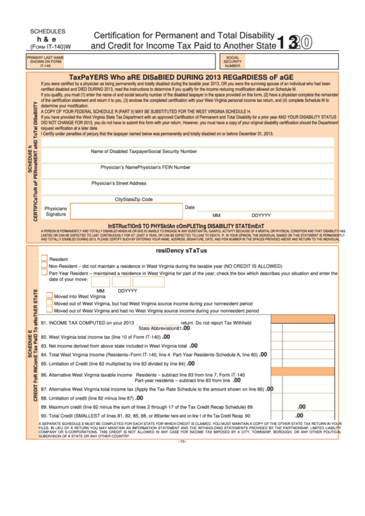 Fillable Form It-140 - Schedules H & E - Certification For Permanent And Total Disability And Credit For Income Tax Paid To Another State - 2013 Printable pdf