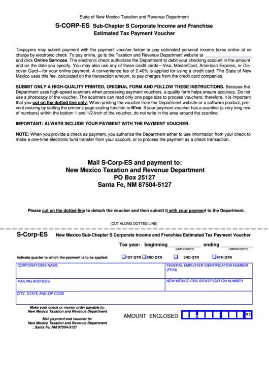 Form S-Corp-Es - Sub-Chapter S Corporate Income And Franchise Estimated Tax Payment Voucher Printable pdf