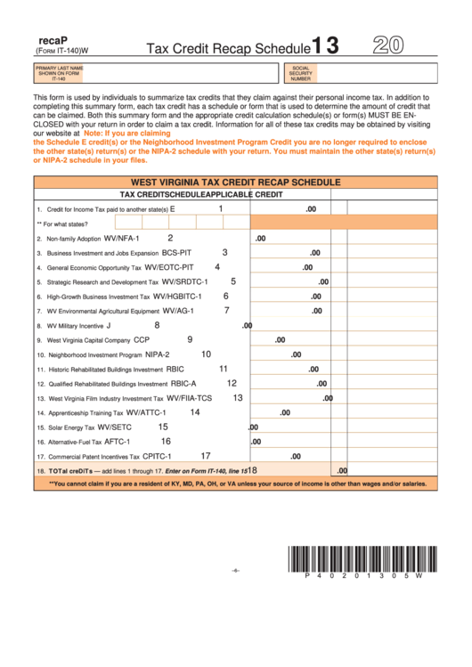 Fillable Form It-140 - Schedule Recap - Tax Credit Recap Schedule - 2013 Printable pdf