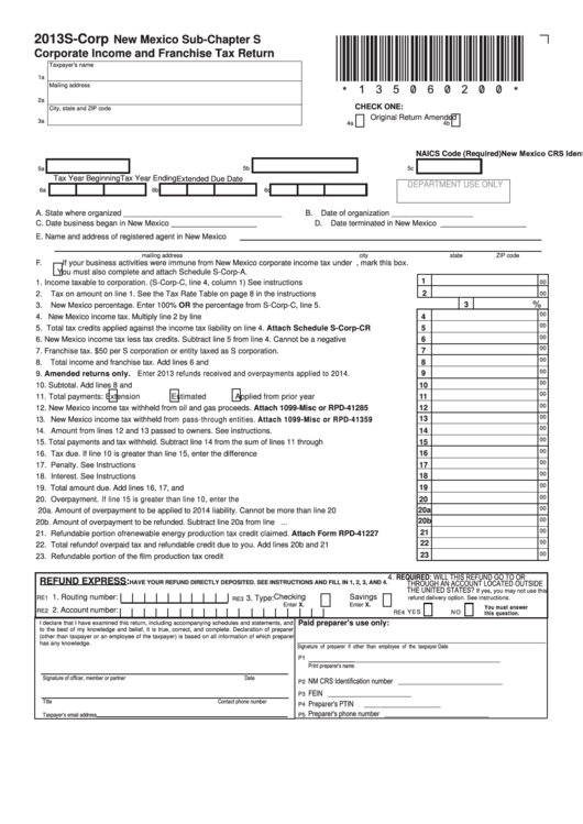 Form S-Corp - New Mexico Sub-Chapter S Corporate Income And Franchise Tax Return - 2013 Printable pdf