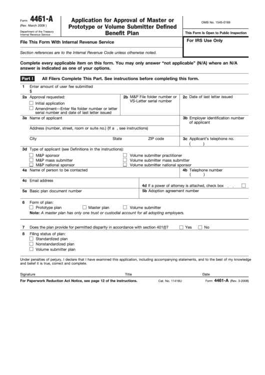 Fillable Form 4461-A - Application For Approval Of Master Or Prototype Or Volume Submitter Defined Benefit Plan Printable pdf