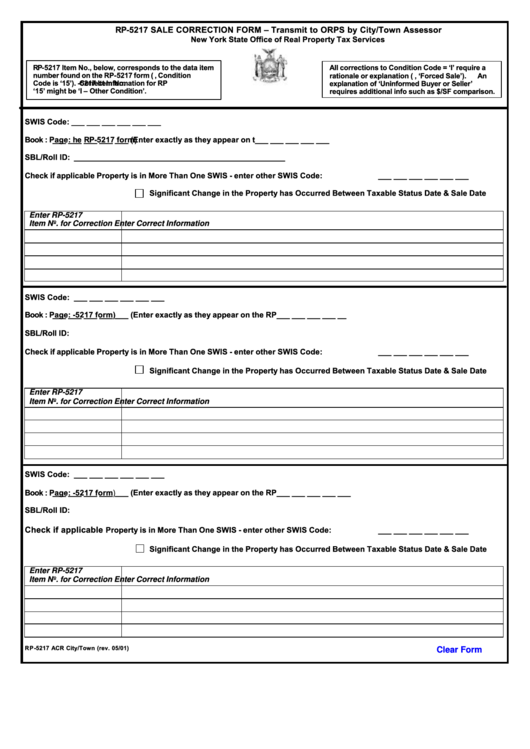 Fillable Form Rp-5217 - Sale Correction Form Printable pdf