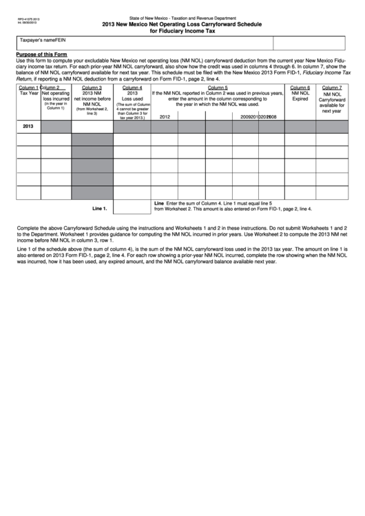 Form Rpd-41375 - New Mexico Net Operating Loss Carryforward Schedule For Fiduciary Income Tax - 2013 Printable pdf
