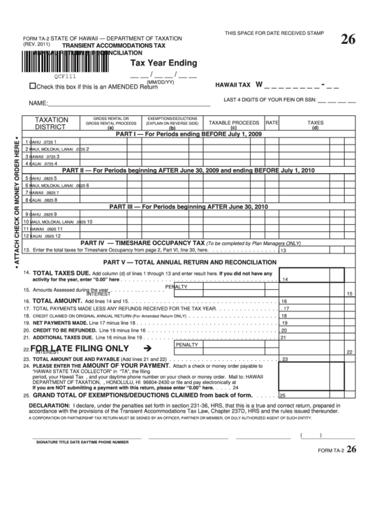 Fillable Form Ta-2 - Transient Accommodations Annual Return And Reconciliation Printable pdf