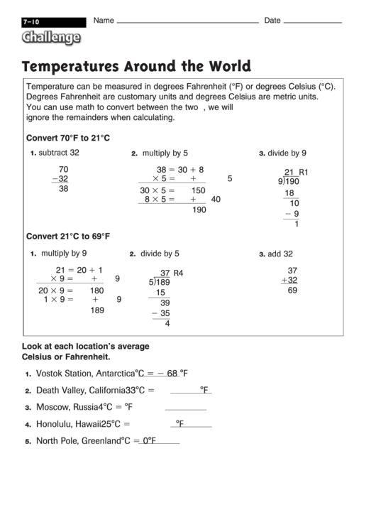 Temperatures Around The World Math Worksheet With Answers printable pdf download