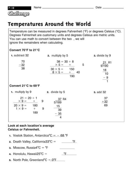 Temperatures Around The World - Math Worksheet With Answers Printable pdf
