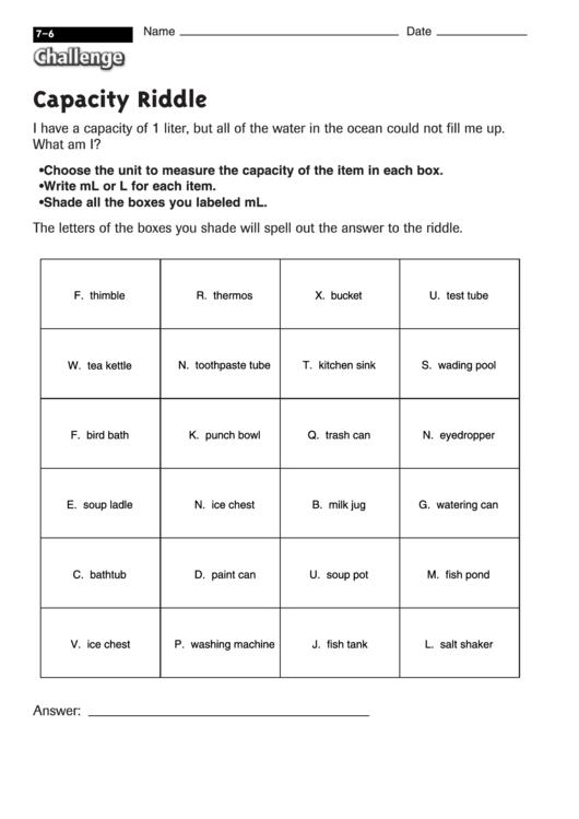 Capacity Riddle - Capacity Worksheet With Answers Printable pdf