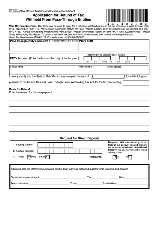 Form Rpd-41373 - Application For Refund Of Tax Withheld From Pass-Through Entities Printable pdf