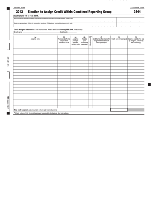 Fillable California Form 3544 - Election To Assign Credit Within Combined Reporting Group - 2012 Printable pdf