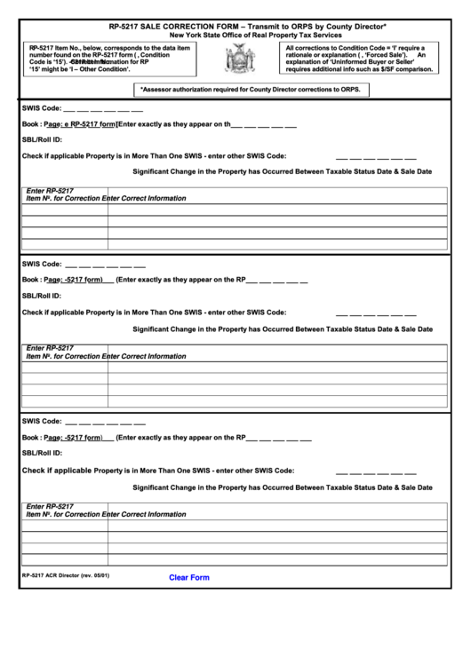Fillable Form Rp-5217 - Sale Correction Form Printable pdf
