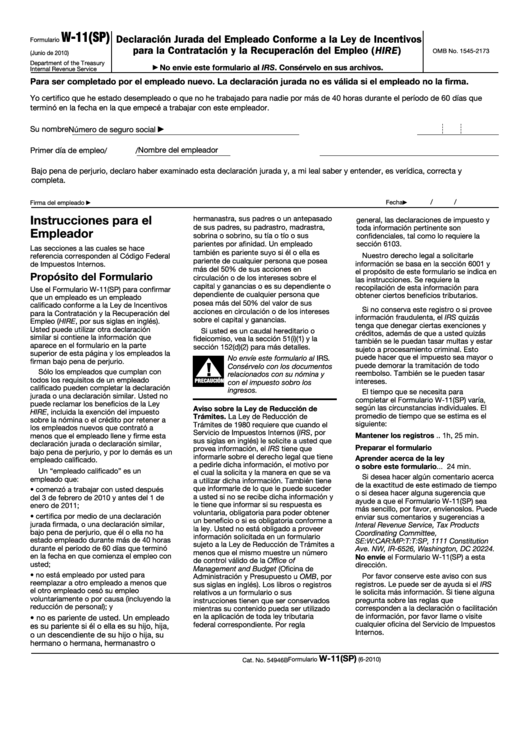 Fillable Formulario W-11(Sp) - Declaracion Jurada Del Empleado Conforme A La Ley De Incentivos Para La Contratacion Y La Recuperacion Del Empleo (Hire) Printable pdf
