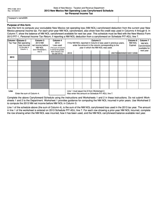 Form Rpd-41369 - New Mexico Net Operating Loss Carryforward Schedule For Personal Income Tax - 2013 Printable pdf