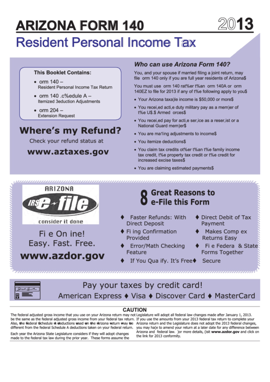 Resident Personal Income Tax Booklet (Arizona Form 140) - 2013 Printable pdf