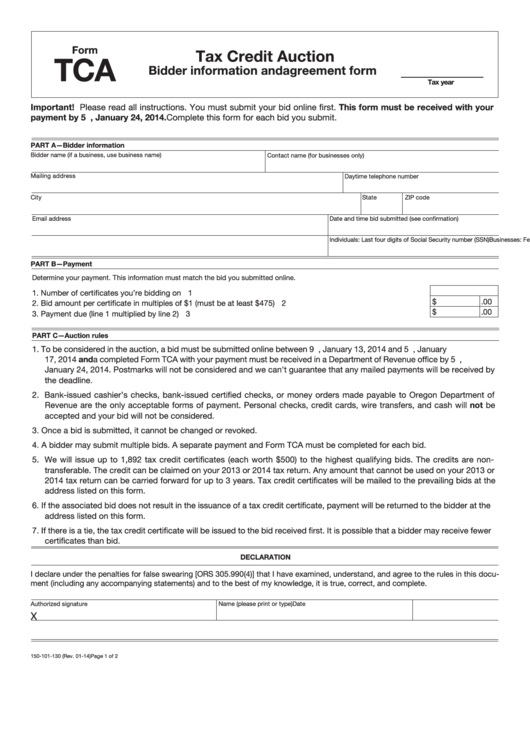 Fillable Form Tca - Tax Credit Auction Printable pdf