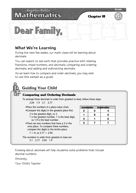 Letter To Family - Practice With Fractions, Mixed Numbers And Decimals Printable pdf